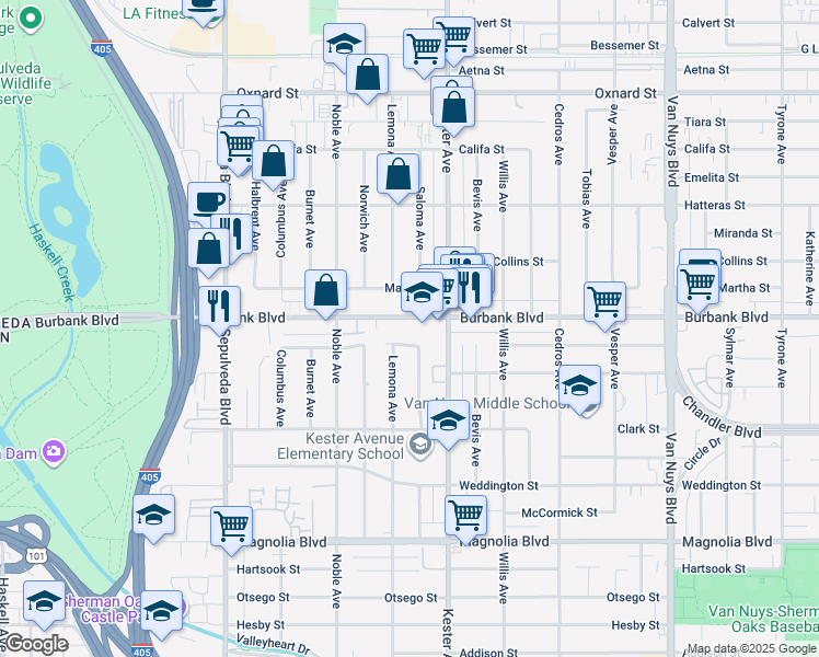 map of restaurants, bars, coffee shops, grocery stores, and more near 14942 Burbank Boulevard in Los Angeles