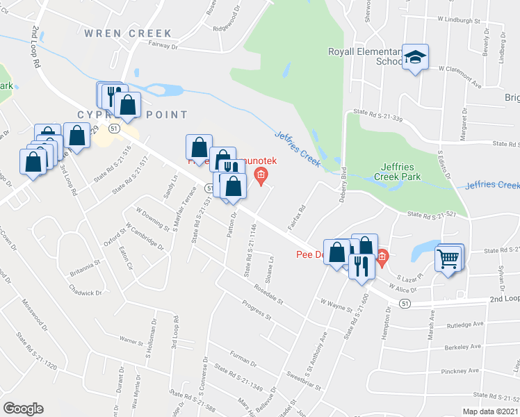 map of restaurants, bars, coffee shops, grocery stores, and more near 1598 Valparaiso Drive in Florence