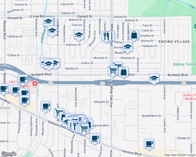 map of restaurants, bars, coffee shops, grocery stores, and more near 5547 Yarmouth Avenue in Los Angeles
