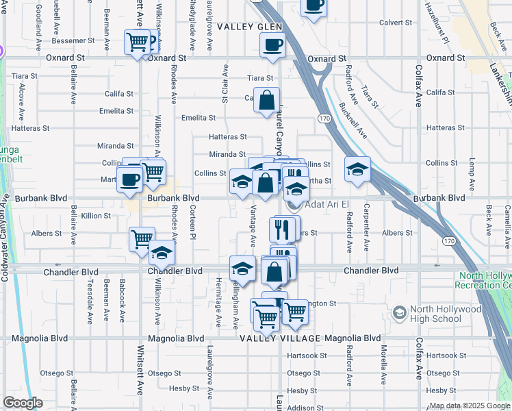 map of restaurants, bars, coffee shops, grocery stores, and more near 12142 Burbank Boulevard in Los Angeles
