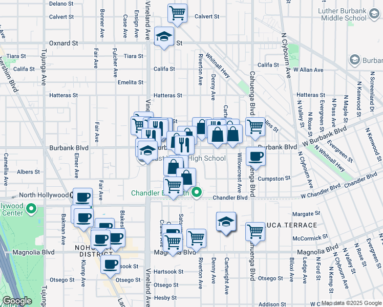 map of restaurants, bars, coffee shops, grocery stores, and more near 10816 Burbank Boulevard in Los Angeles