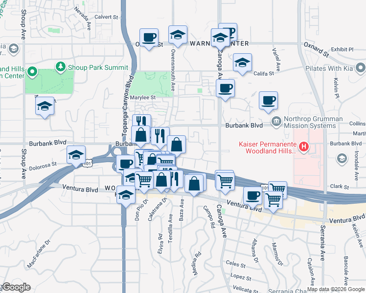 map of restaurants, bars, coffee shops, grocery stores, and more near 5540 Owensmouth Avenue in Los Angeles