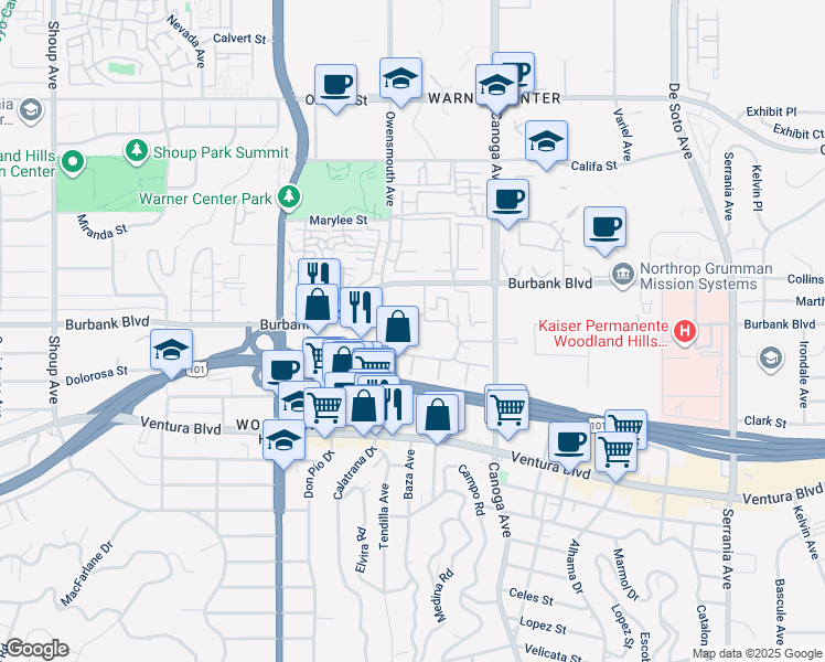 map of restaurants, bars, coffee shops, grocery stores, and more near 5540 Owensmouth Avenue in Los Angeles