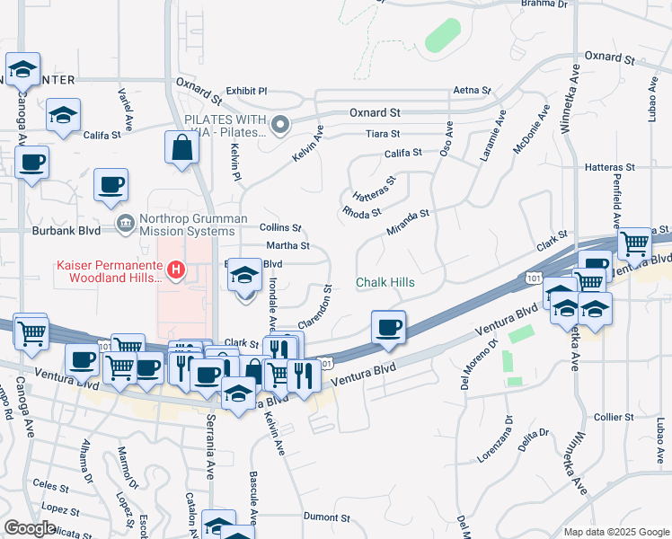 map of restaurants, bars, coffee shops, grocery stores, and more near 20606 Clarendon Street in Los Angeles