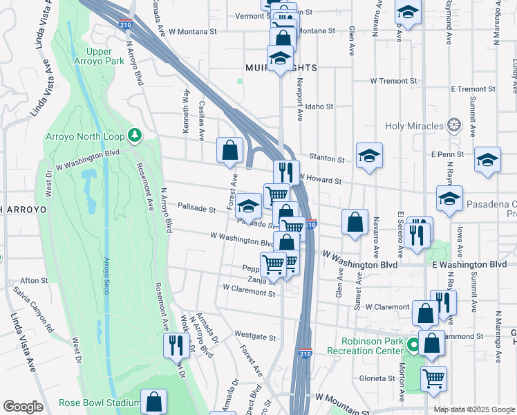 map of restaurants, bars, coffee shops, grocery stores, and more near 498 Macdonald Street in Pasadena