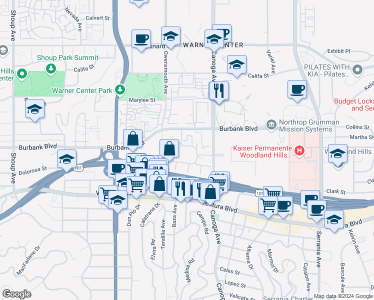 map of restaurants, bars, coffee shops, grocery stores, and more near 5565 Canoga Avenue in Los Angeles