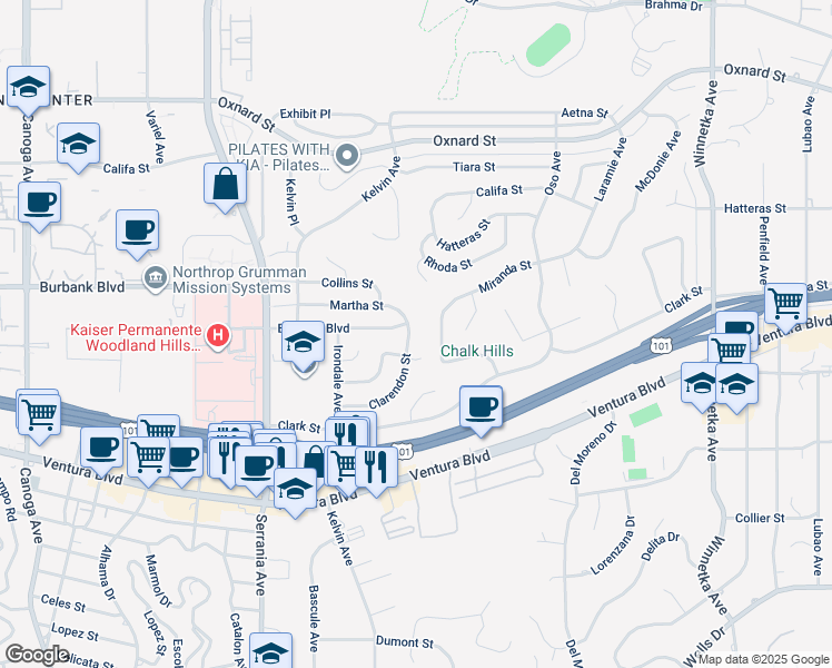 map of restaurants, bars, coffee shops, grocery stores, and more near 20606 Clarendon Street in Los Angeles
