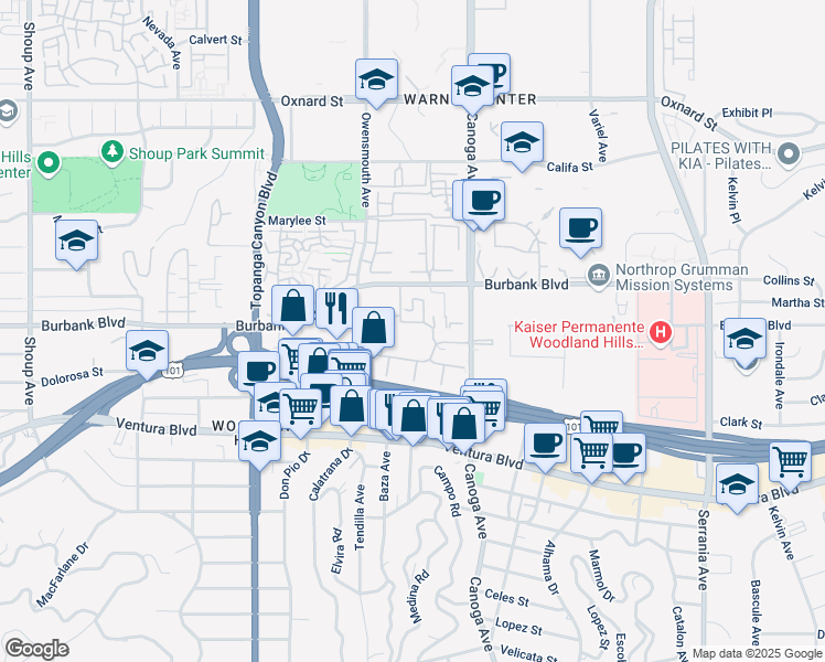 map of restaurants, bars, coffee shops, grocery stores, and more near 5665 Canoga Avenue in Los Angeles
