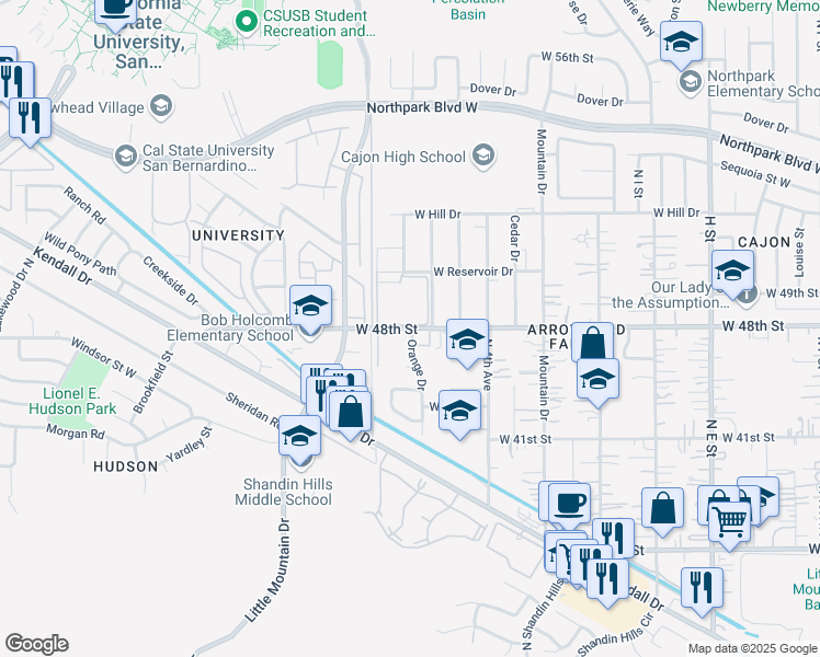 map of restaurants, bars, coffee shops, grocery stores, and more near 936 West 48th Street in San Bernardino