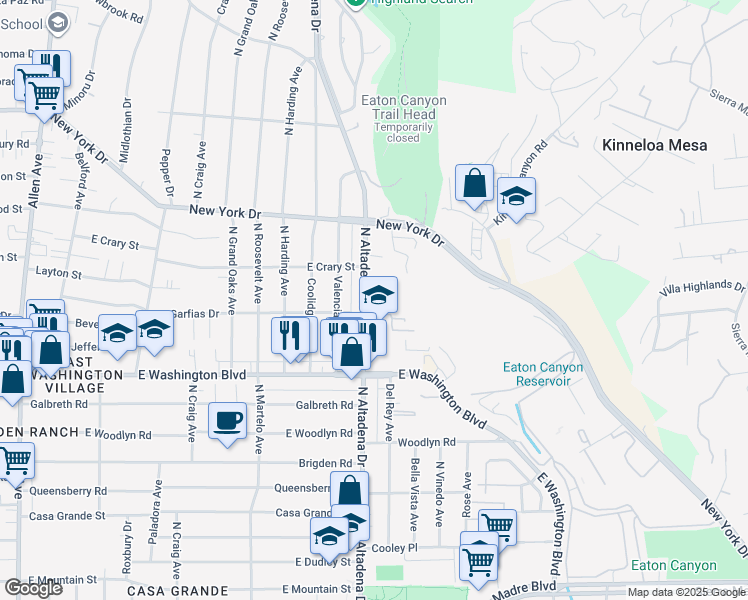 map of restaurants, bars, coffee shops, grocery stores, and more near 1484 North Altadena Drive in Pasadena