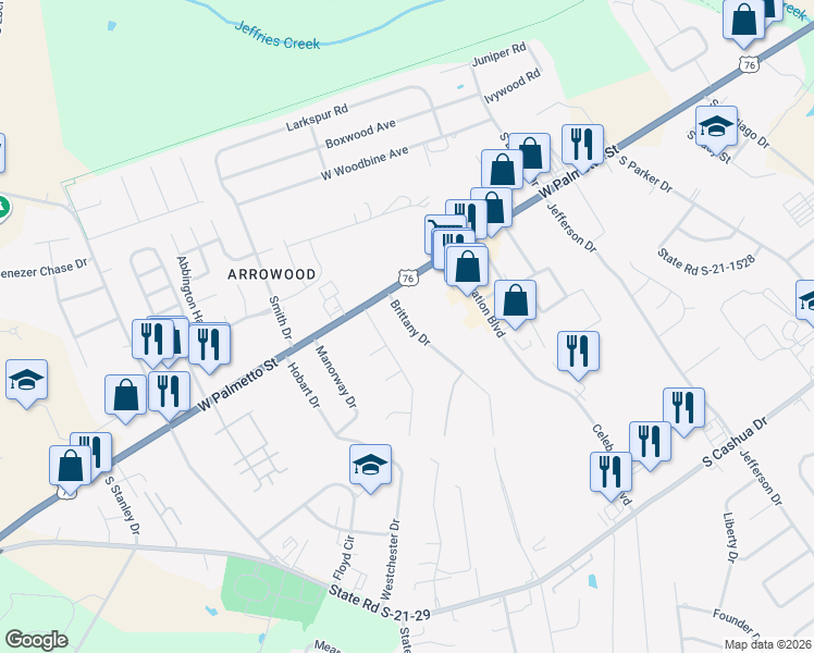 map of restaurants, bars, coffee shops, grocery stores, and more near 1219 Brittany Drive in Florence