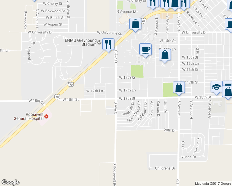 map of restaurants, bars, coffee shops, grocery stores, and more near 1729 South Ave O in Portales
