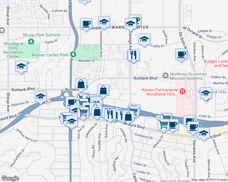 map of restaurants, bars, coffee shops, grocery stores, and more near 5565 Canoga Avenue in Los Angeles