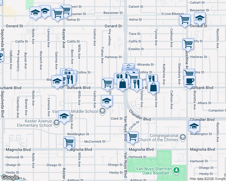 map of restaurants, bars, coffee shops, grocery stores, and more near 14550 Burbank Boulevard in Los Angeles