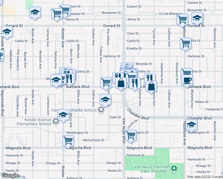 map of restaurants, bars, coffee shops, grocery stores, and more near 14550 Burbank Boulevard in Los Angeles
