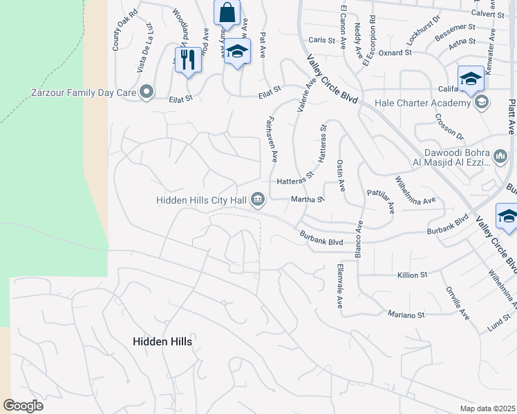 map of restaurants, bars, coffee shops, grocery stores, and more near 6165 Spring Valley Road in Hidden Hills