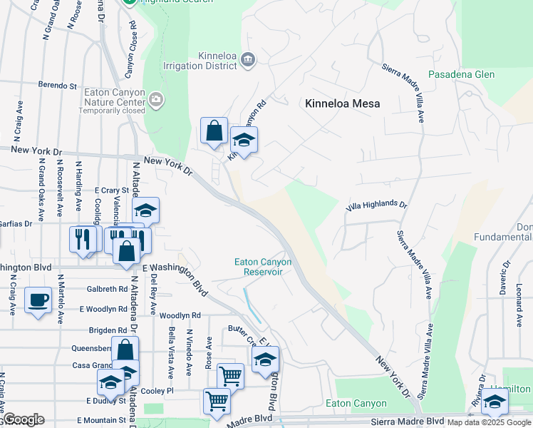 map of restaurants, bars, coffee shops, grocery stores, and more near 2905 New York Drive in Pasadena