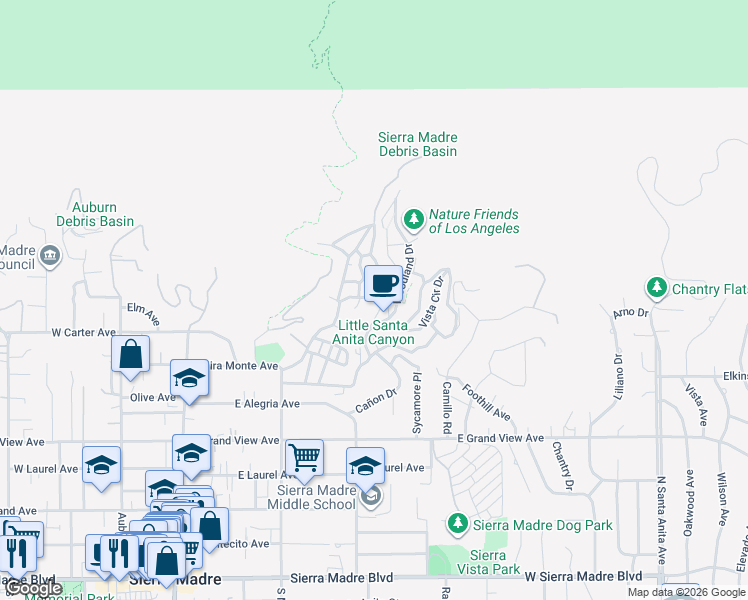 map of restaurants, bars, coffee shops, grocery stores, and more near 549 Brookside Lane in Sierra Madre