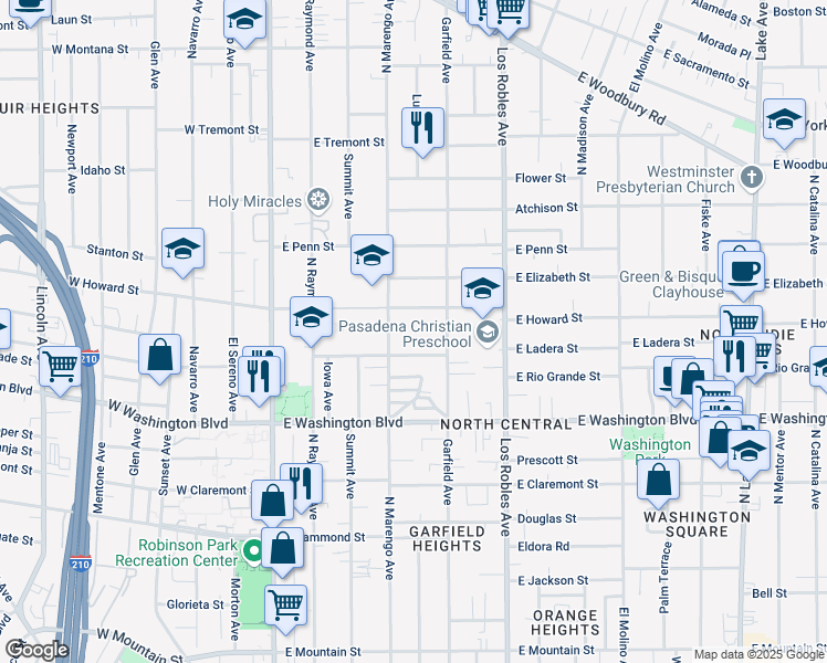 map of restaurants, bars, coffee shops, grocery stores, and more near 293 Grandview Street in Pasadena