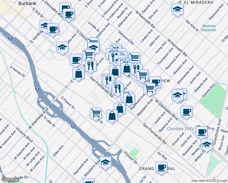 map of restaurants, bars, coffee shops, grocery stores, and more near in Glendale