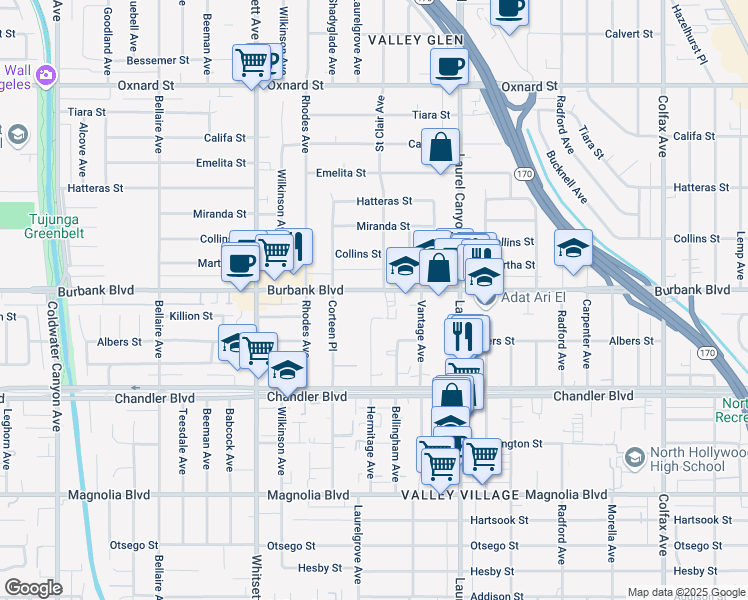 map of restaurants, bars, coffee shops, grocery stores, and more near 12235 Killion Street in Los Angeles