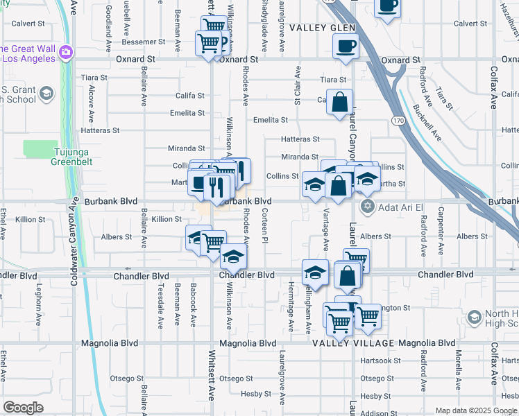 map of restaurants, bars, coffee shops, grocery stores, and more near 12352 Burbank Boulevard in Los Angeles