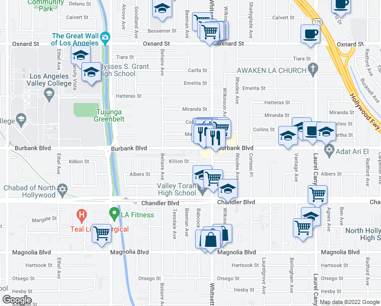 map of restaurants, bars, coffee shops, grocery stores, and more near 12547 Killion Street in Los Angeles