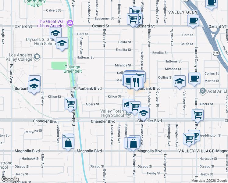 map of restaurants, bars, coffee shops, grocery stores, and more near 12635 Killion Street in Los Angeles