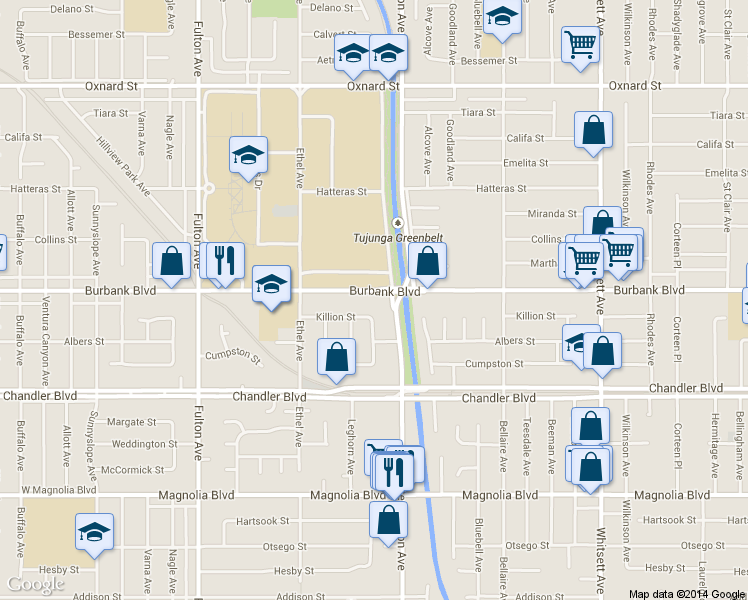 map of restaurants, bars, coffee shops, grocery stores, and more near 5539 Coldwater Canyon Avenue in Los Angeles