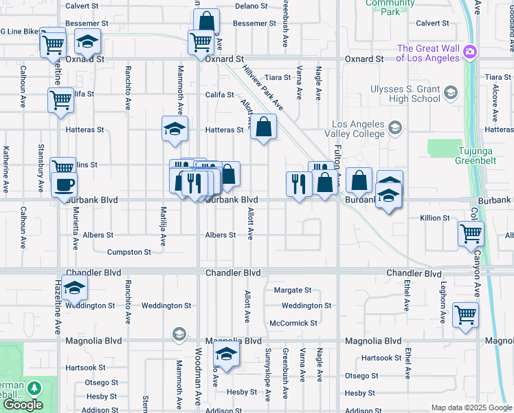 map of restaurants, bars, coffee shops, grocery stores, and more near 5537 Allott Avenue in Los Angeles