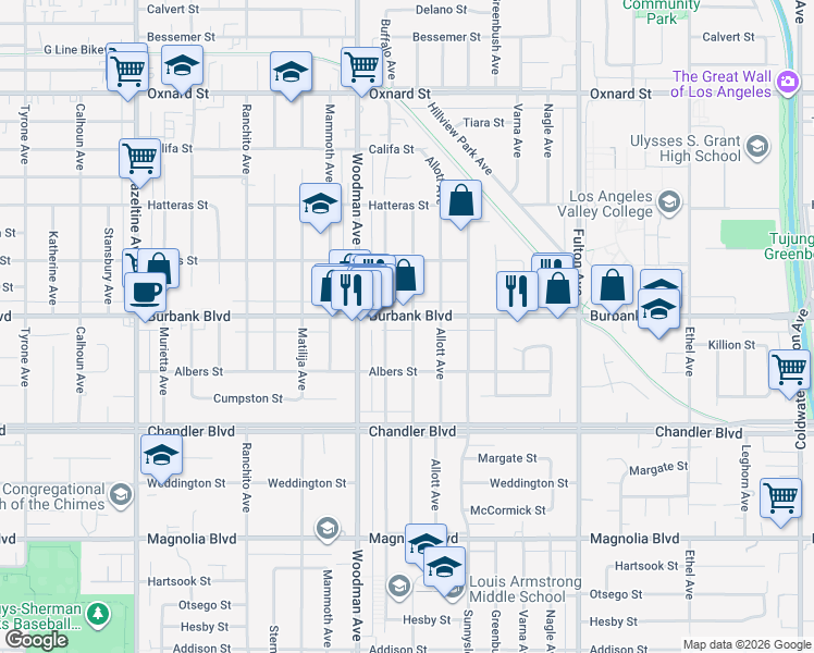 map of restaurants, bars, coffee shops, grocery stores, and more near 5539 Ventura Canyon Avenue in Los Angeles