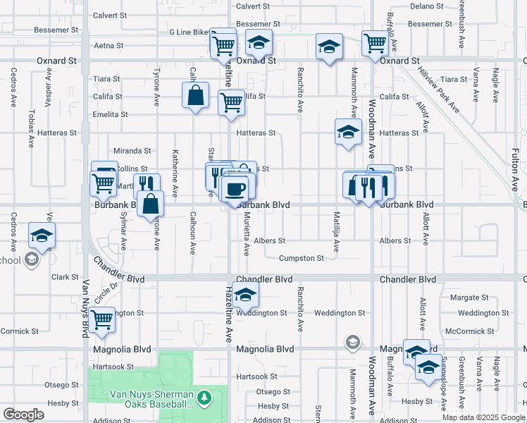 map of restaurants, bars, coffee shops, grocery stores, and more near 5542 Murietta Avenue in Los Angeles