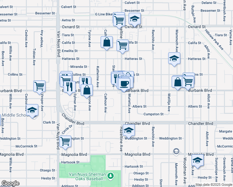 map of restaurants, bars, coffee shops, grocery stores, and more near 5551 Hazeltine Avenue in Los Angeles
