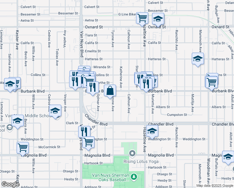 map of restaurants, bars, coffee shops, grocery stores, and more near 5536 Tyrone Avenue in Los Angeles