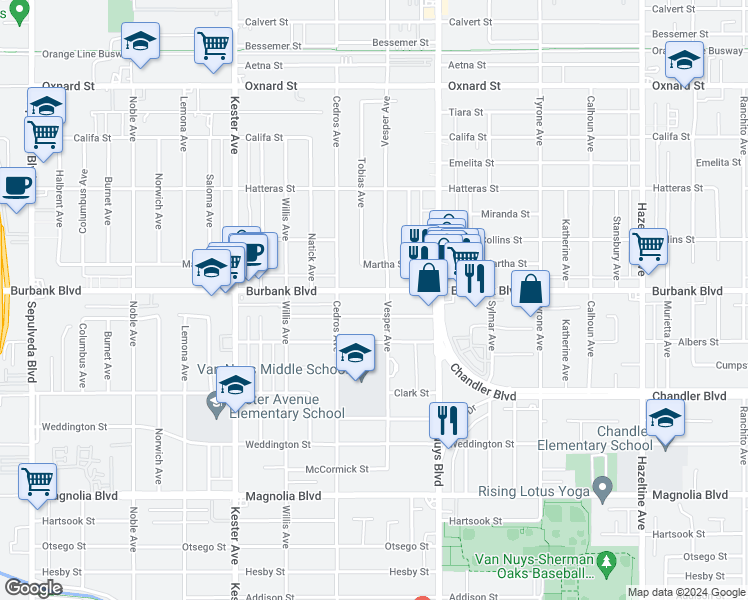 map of restaurants, bars, coffee shops, grocery stores, and more near 14633 Killion Street in Los Angeles