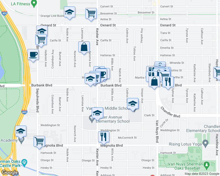 map of restaurants, bars, coffee shops, grocery stores, and more near 14751 Killion Street in Los Angeles