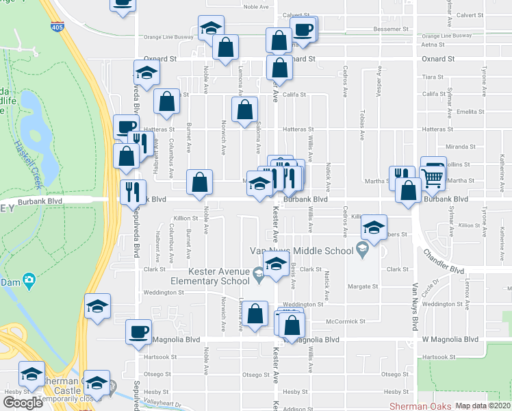 map of restaurants, bars, coffee shops, grocery stores, and more near 5531 Kester Avenue in Los Angeles