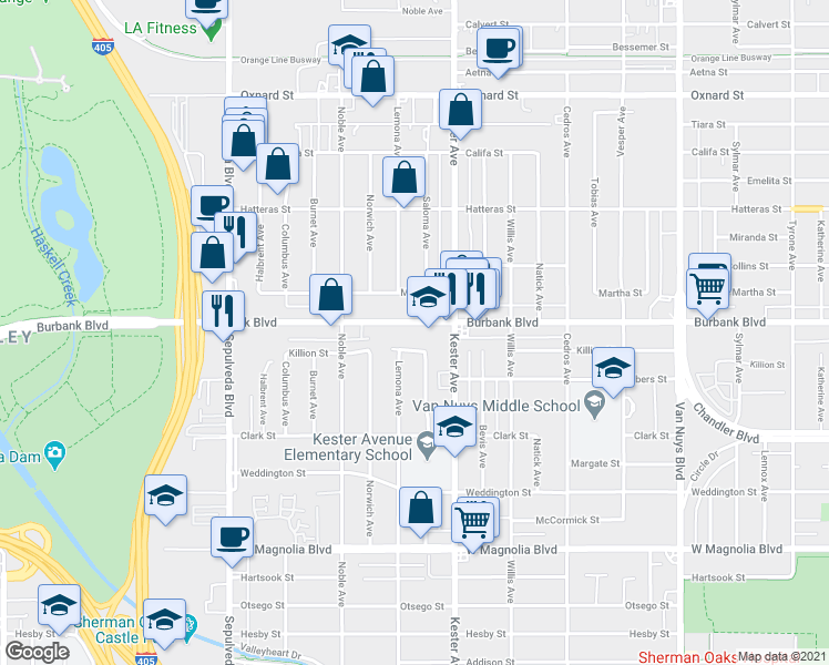 map of restaurants, bars, coffee shops, grocery stores, and more near 14955 Killion Street in Los Angeles