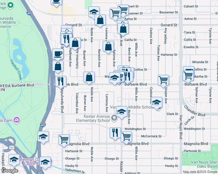 map of restaurants, bars, coffee shops, grocery stores, and more near 14955 Killion Street in Los Angeles