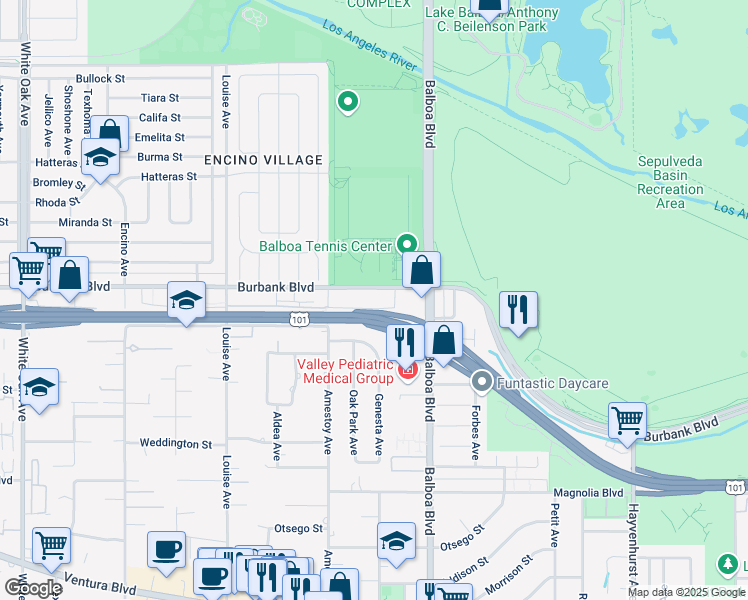 map of restaurants, bars, coffee shops, grocery stores, and more near 16946 Burbank Boulevard in Los Angeles