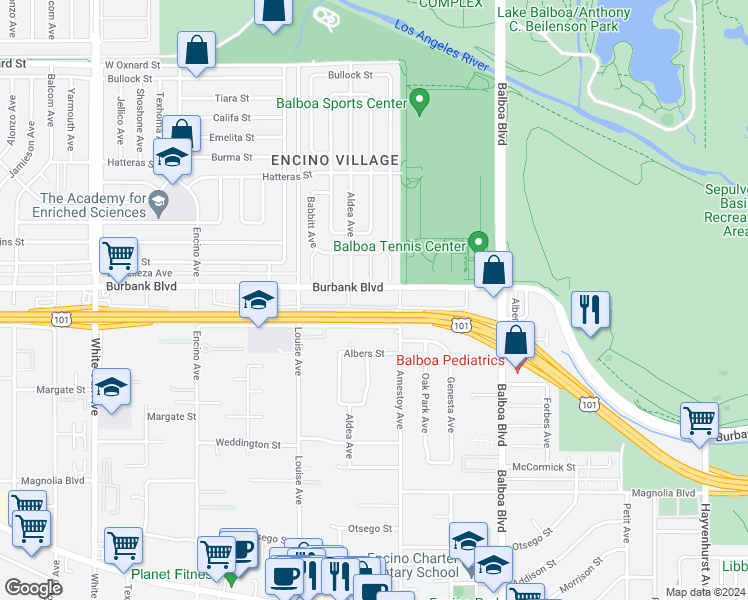 map of restaurants, bars, coffee shops, grocery stores, and more near 17106 Burbank Boulevard in Los Angeles