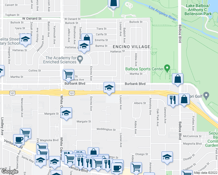 map of restaurants, bars, coffee shops, grocery stores, and more near 17400 Burbank Boulevard in Los Angeles