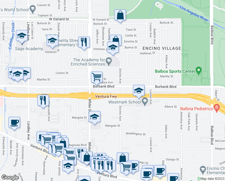 map of restaurants, bars, coffee shops, grocery stores, and more near 17500 Burbank Boulevard in Los Angeles