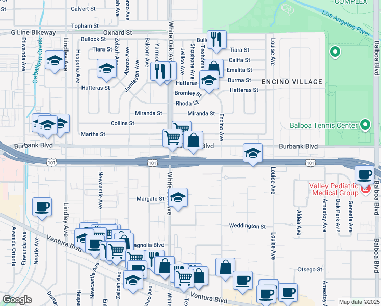 map of restaurants, bars, coffee shops, grocery stores, and more near 17600 Burbank Boulevard in Los Angeles
