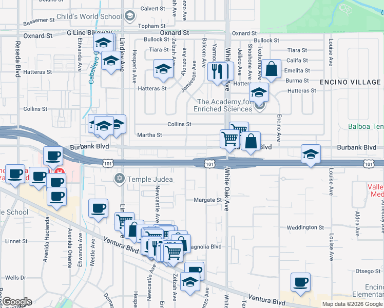 map of restaurants, bars, coffee shops, grocery stores, and more near 5547 Yarmouth Avenue in Los Angeles