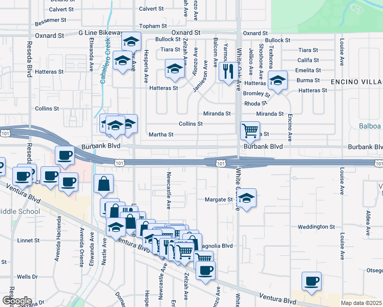 map of restaurants, bars, coffee shops, grocery stores, and more near 17910 Burbank Boulevard in Los Angeles