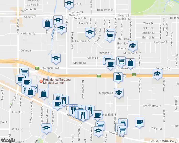 map of restaurants, bars, coffee shops, grocery stores, and more near 17910 Burbank Boulevard in Los Angeles