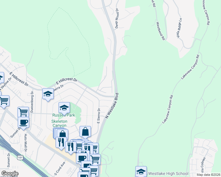 map of restaurants, bars, coffee shops, grocery stores, and more near 643 Arroyo Oaks Drive in Westlake Village
