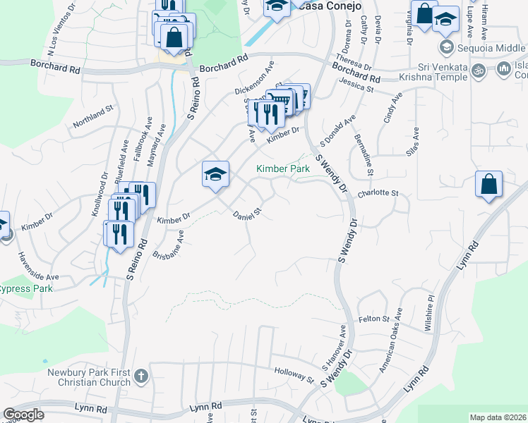 map of restaurants, bars, coffee shops, grocery stores, and more near 3378 Daniel Street in Thousand Oaks
