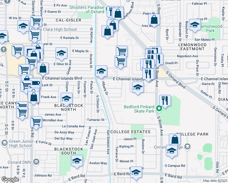 map of restaurants, bars, coffee shops, grocery stores, and more near 1003 Cheyenne Way in Oxnard